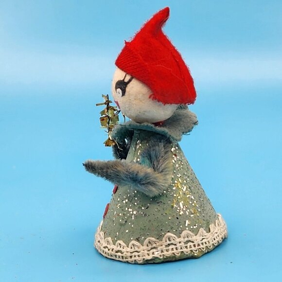1950s Putz Elf Ornament Tinsel Brush Tree Chenille Arms Mica Felt Hat Japan - Picture 3 of 7